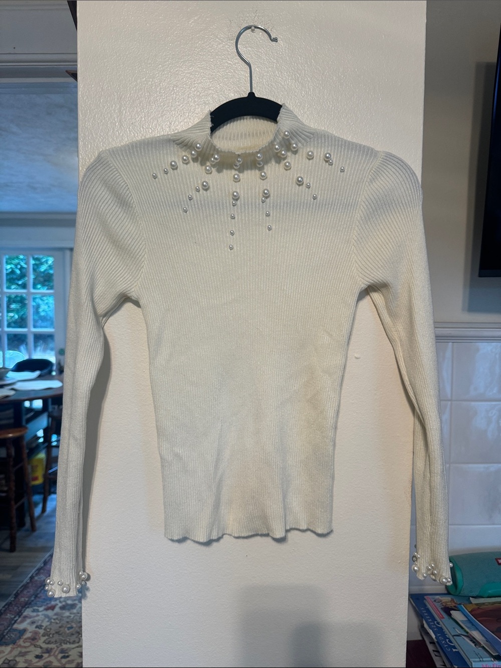 SHEIN Pearl-Embellished Cream Ribbed Sweater Top size US 4